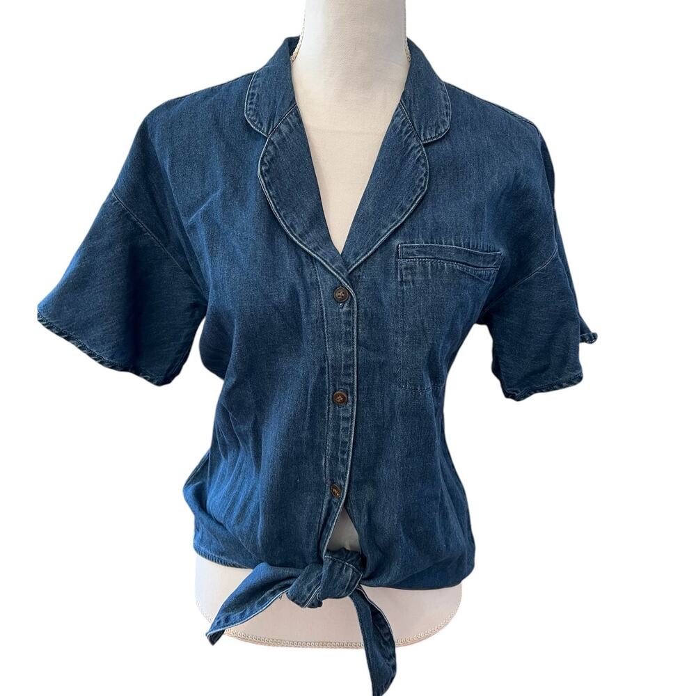 Vero Moda Denim Chambray Top Flutter Sleeve Tie Front S